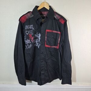 Tool Jeans Y2K Punk Graphic Button Front Shirt Mens L Black Plaid Gothic